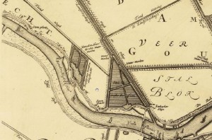 Hollandse IJssel bij Gouda ter hoogte van de Stolwijkse boezem in 1716 met 3 steenplaatsen